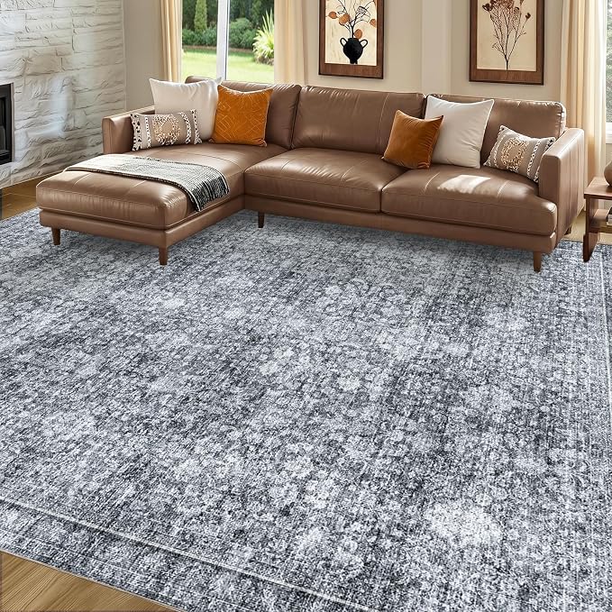 Sasttie 8x10 Area Rugs, Ultra-Soft Washable Rug, Low Pile Foldable Thin Carpets with Non-Slip Backing, Skin-Friendly Stain Resistant Carpet for Living Room, Bedroom, Kitchen, Dorm, 8x10, Black Grey