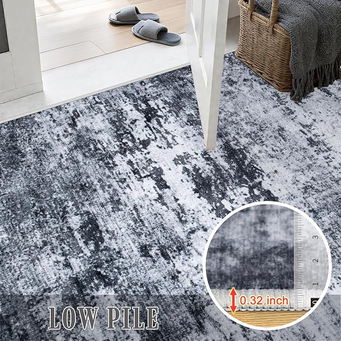 8x10 Area Rug Living Room Rug: Washable Modern Abstract Soft Thin Rug Indoor Floor No Slip Stain Resistant Carpet for Bedroom Dining Room Farmhouse Nursery Home Office - Black