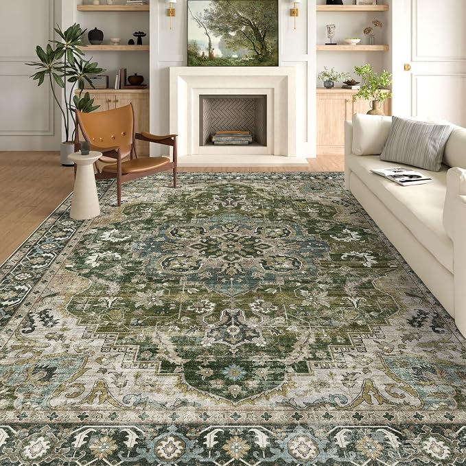 LUXRUG Area Rugs 9x12 Living Room - Large Washable Moss Green Boho Rugs for Bedroom Soft Vintage Rug Ultra-Thin Farmhouse Oriental Carpet Stain Resistant Rug for Dining Room Guest Room Home Decor