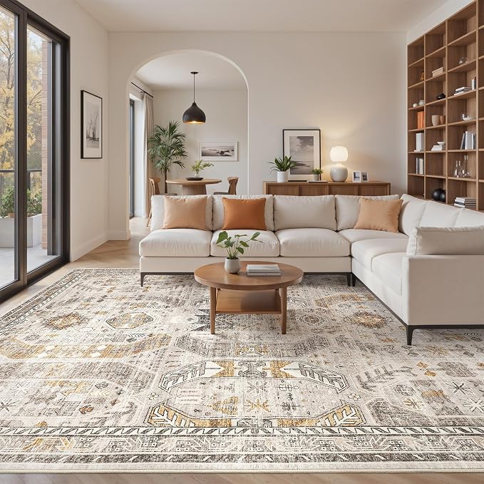 befbee 9x12 Area Rug,Ultra-Thin Washable Rugs for Living Room,Non-Slip Lightweight Foldable Area Rug,Stain Resistant Vintage Large Rugs(Brown/Gold, 9'x12')