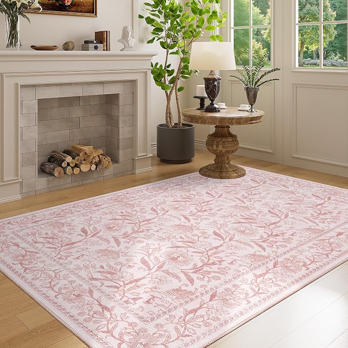 DUKINO 4x6 Area Rug, Washable Vintage Floral Rug for Living Room Light Pink | Non Slip, Low Pile, Stain Resistant Boho Lightweight Soft Indoor Carpet for Bedroom Office Dining Room Entryway Farmhouse