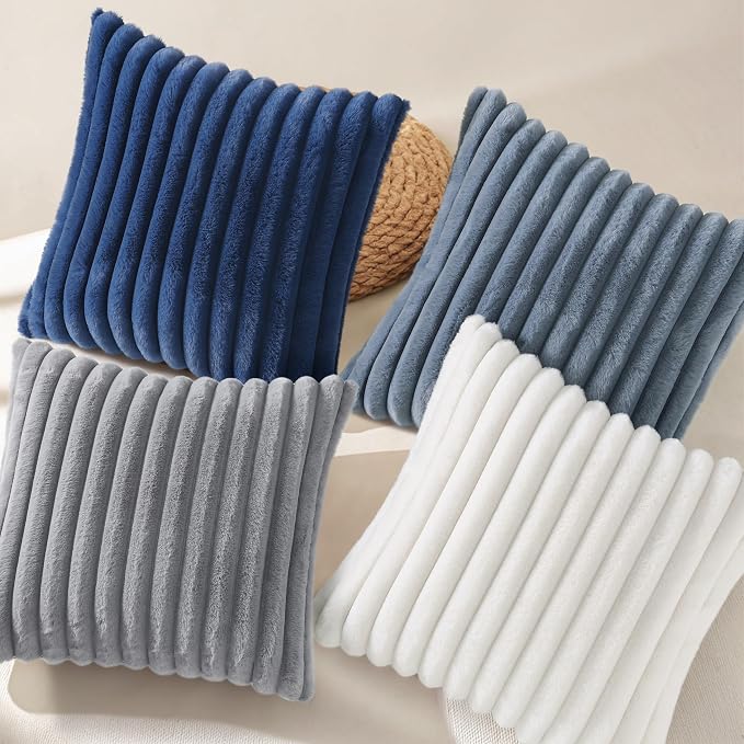 decorUhome Fall Faux Fur Throw Pillow Covers 20x20 Set of 4 Blue/Grey | Decorative Modern Farmhouse Soft Cozy Striped Pillow Cases Velvet Back for Sofa Bed Living Room Classic Accent Home Decor