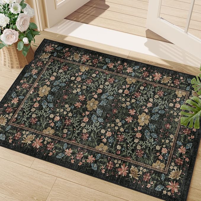 DUKINO 2x3 Entryway Rug, Washable Vintage Floral Area Rug, Black | Non Slip, Low Pile, Non-Shedding, Soft Indoor Door Mat, Small Front Door Throw Carpet for Bathroom Kitchen Entrance Bedroom