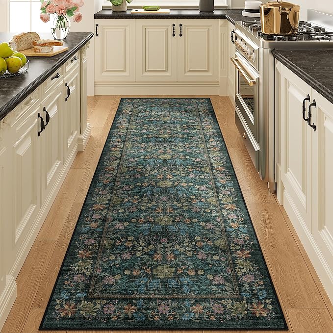 DUKINO 2x6 Runner Rug, Washable Vintage Floral Kitchen Rug, Blue | Non Slip, Low Pile, Stain Resistant Boho Soft Throw Carpet Runner for Hallway Bathroom Laundry Bedroom Entryway, Non-Shedding