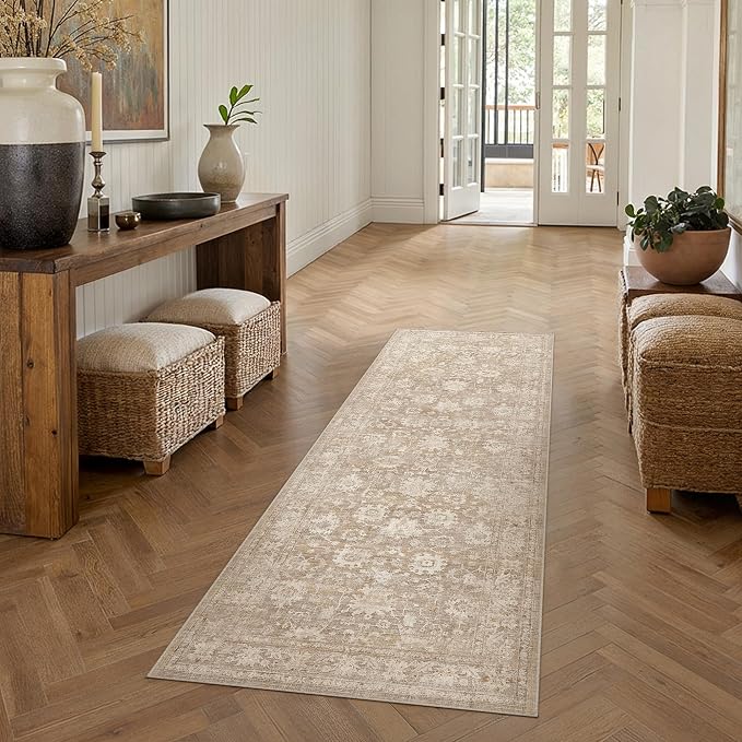 HUGEAR 2x6 Runner Rug Beige Machine Washable Rug Room Decor Vintage Distressed Hallway Rugs Low Pile Carpet Non Slip Washable Rugs for Kitchen Laundry Room Living Soft Lightweight
