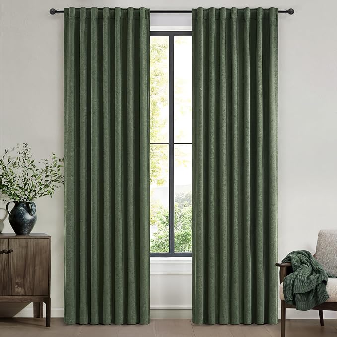 QJmydeco Dark Green Curtains 84 Inches Long, Blackout Spring Curtains for Living Room Cooling Heat Reflective Linen Look Vintage Drapes for Bedroom Back Tab Pleated (Olive,2Panels W50 xL84)