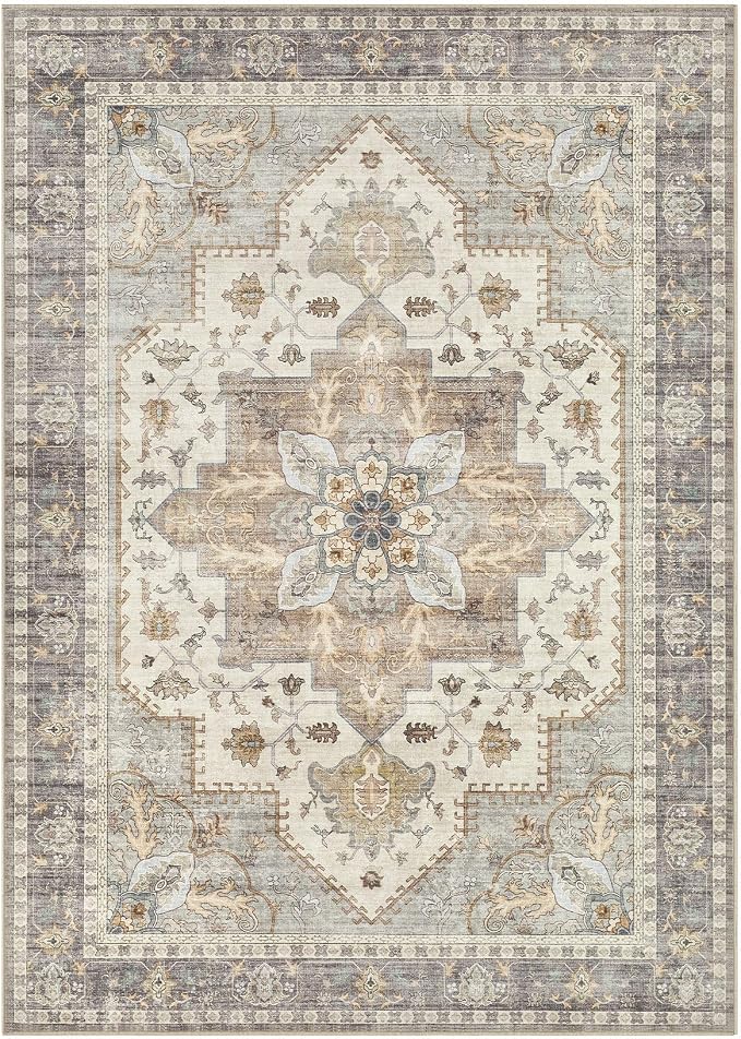 Tortania Area Rug Living Room Rugs - 9x12 Washable Boho Rug Vintage Oriental Distressed Farmhouse Large Thin Indoor Carpet for Living Room Bedroom Under Dining Table Home Office - Greige