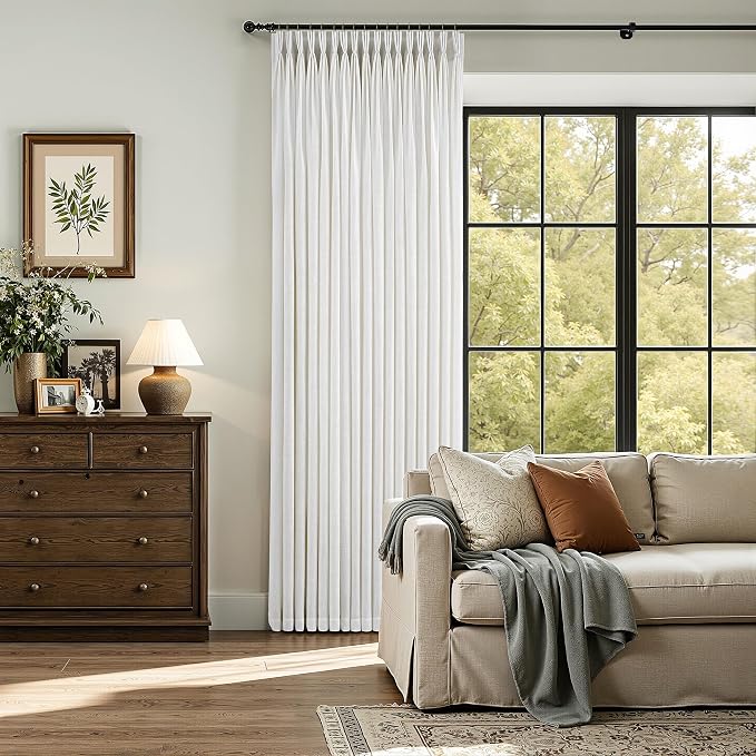 105 Inches Long Pinch Pleated Linen Curtains for Living Dining Room Bedroom Natural Cream Beige Light Filtering Neutral Privacy Curtains 105 Inch Semi Sheer Pleated Linen Drapes for Sliding Glass Door