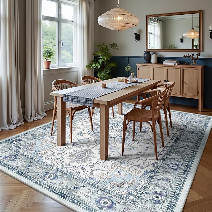 5x7 Area Rugs - Washable Rug Vintage Distress Boho Medallion Rugs for Living Room, Soft Non-Slip Backing Low Pile Carpet for Bedroom Dining Room Office Nursery Dorm Home, Blue Grey Purple
