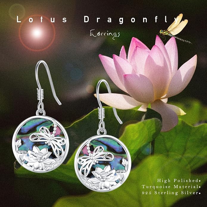 CUOKA MIRACLE Dragonfly Lotus Earring for Women 925 Sterling Silver Abalone Shell Dangling Earrings Dragonfly Earring Lotus Earrings for Women Mom on Birthday Mother's Day Anniversary Christmas