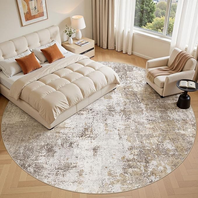 10ft Round Area Rugs for Living Room, 10x10 Washable Non Slip Soft Large Rugs for Bedroom Dining Room, Modern Abstract Low Pile Stain Resistant Carpet for Laundry Office Home Decor-Gold Brown