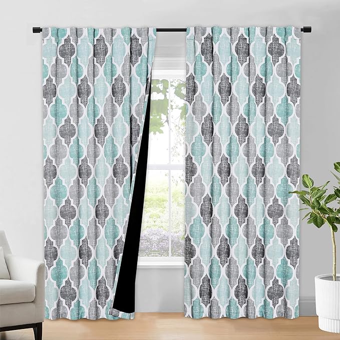 Beauoop Moroccan 100% Blackout Curtains Bedroom Aqua Grey 50x84 2 Panels | Geometric Room Darkening Drapes for Living Room 84 Inch Long Thermal Insulated Soundproof Lattice Window Treatment Rod Pocket