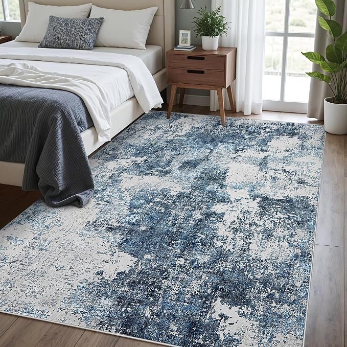 Washable Rug 6x9 Area Rugs: Soft Large Living Room Rug with Anti-Slip Backing Non-Shedding Stain-Resistant Modern Abstract Carpet for Bedroom Dining Room Nursery Home Office-Blue