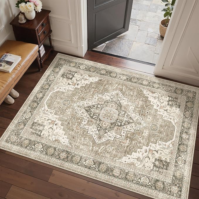 Roxstand Washable 3x5 Area Rug, Non Slip Rug for Entryway Brown/Beige | Low Pile Vintage Rug, Stain Resistant, Non-Shedding Design, Pet & Kid Friendly, Carpet for Living Room, Bedroom, Dining Room