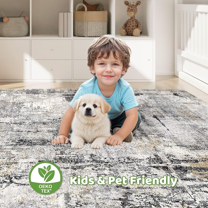 10x14 Area Rugs Living Room: Washable Large Abstract Soft Stain Resistant Indoor Floor Rugs Non-Slip Accent Carpet for Bedroom Nursery Playroom Office Dining Room Home House- Gray Beige