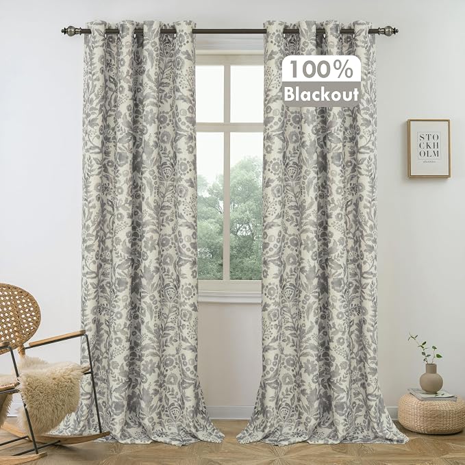 DriftAway Julia 100% Blackout Curtains Grommet 2 Panels, W52xL84, Gray | Floral Curtains, Bedroom, Living Room, Linen Blend, Watercolor Pattern, 2 Layers, Thermal Insulated, Window Treatment