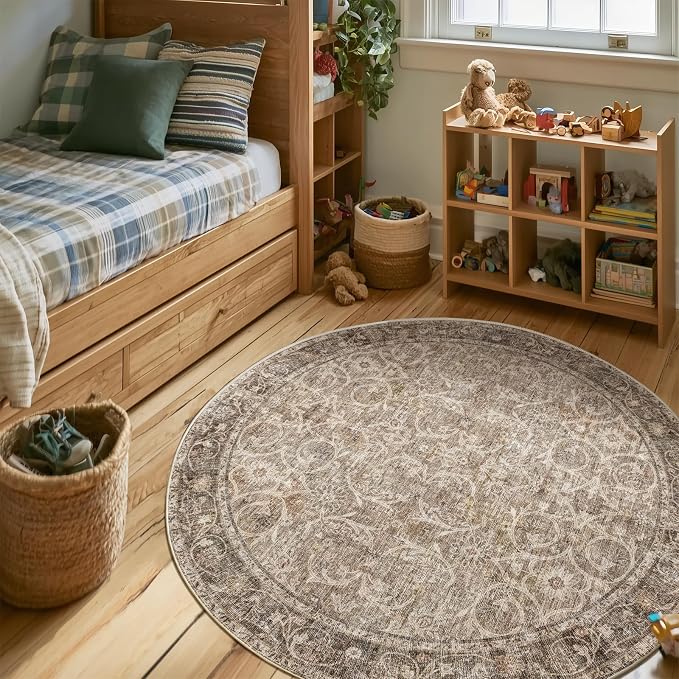 Machine Washable Rugs for Living Room: 4x4 Area Rugs for Bedroom Ultra Soft Non-Slip Low Pile Vintage Boho Large Carpet for High-Traffic Dining Room - Farmhouse Decor