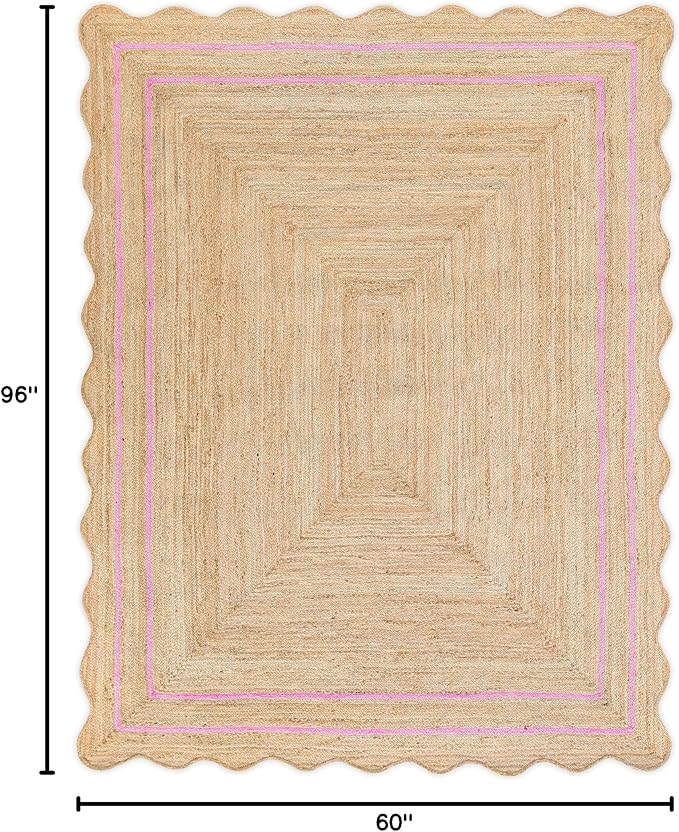 Wave Scalloped Natural Jute Runner, Light Pink (5'x8'): Boho Farmhouse Scallop Entryway Rug