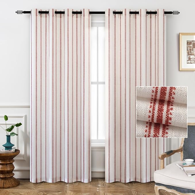 DriftAway Farmhouse Linen Stripe Blackout Curtains, W52xL90, Red | Blackout, Linen Texture, Stripe Pattern, Rod Pocket & Back Tab, Two Layers, Bedroom Living Room Use, Sound Reducing Design