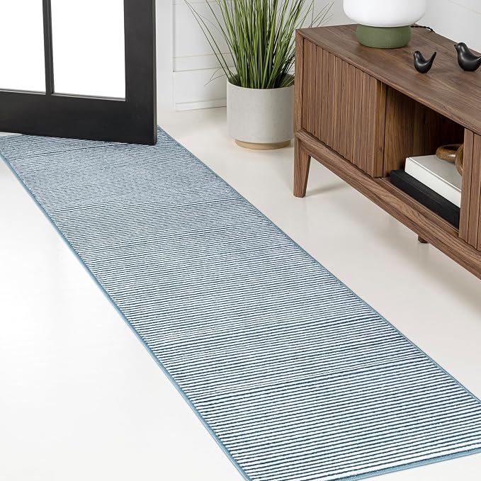 JONATHAN Y Cole Pinstripe High-Low Blue/White Runner Rug, 2x8, Modern, Minimalist, Easy-Cleaning for Living Room, Bedroom, Kitchen, Pet Friendly, Non-Shedding (CAR101B-28)