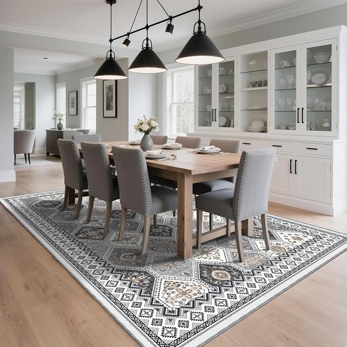 6x9 Area Rugs for Living Room, Non-Slip Vintage Boho Moroccan, Gray/ Gold | TTelephant Soft Low-Pile Printed Washable Gray Rug for Living Room, Bedroom, Dining Room, Playroom