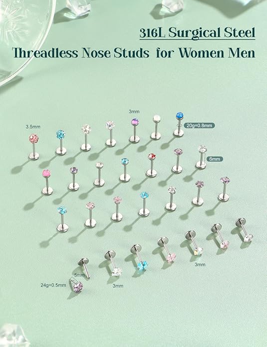 Nose Rings Studs Flat Back Earrings Hypoallergenic - Threadless Surgical Steel Nose Ring Studs Cartilage Earring Monroe Nostril Labret Medusa Tragus Conch Helix Piercing Jewelry for Women Men 28Pcs
