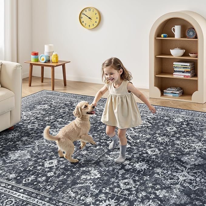 Lofus 9x12 Area Rug for Living Room,Black Washable Area Rugs with Non-Slip Backing,Soft Boho Carpets for Bedroom Dining Room Home Office Indoor Nursery
