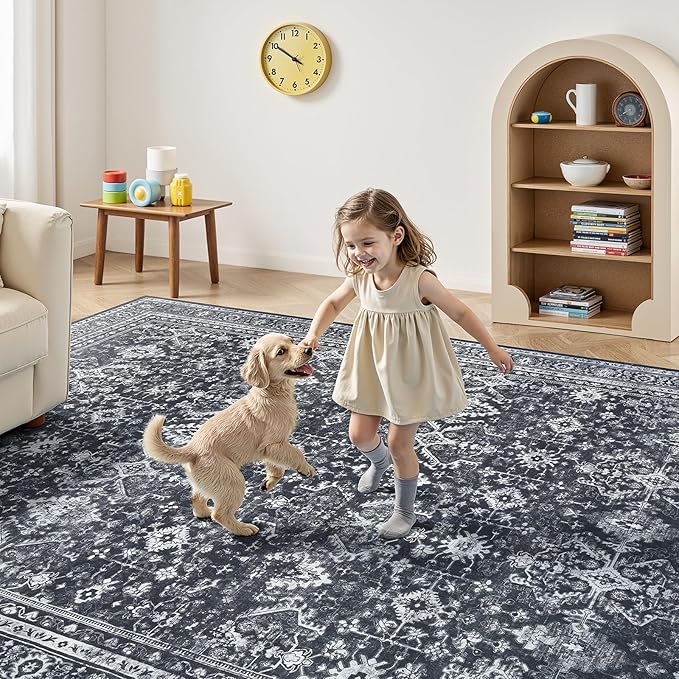 Lofus 8x10 Area Rug for Living Room,Black Washable Area Rugs with Non-Slip Backing,Soft Boho Carpets for Bedroom Dining Room Home Office Indoor Nursery
