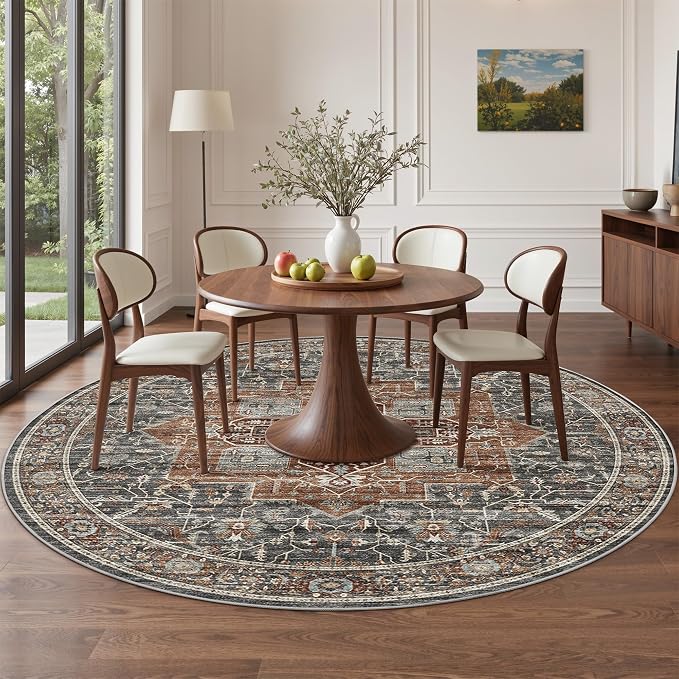 Roxstand 8ft Round Washable Area Rug, Non Slip Rug, Grey/Brown/Tan | 6x6 Low Pile Rug, Stain Resistant, Non-Shedding Surface, Pet & Kid Friendly Circle Rug for Living Room, Bedroom, Dining Room