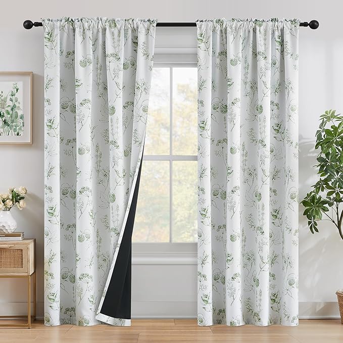 FMFUNCTEX 100% Blackout Green Floral Curtains 96 Inch Back Tab 2 Panels | Black Out Drapes, Thermal Insulated Cottage Farmhouse, Lichi Patterned Extra Long Curtain for Bedroom, Living Room Darkening