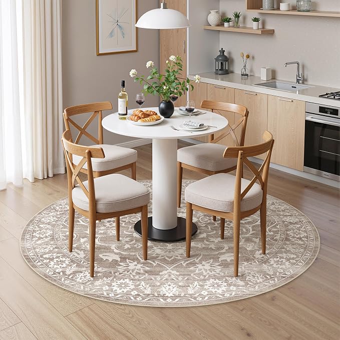 Soalmost Washable Round Rug 6ft for Living Room,Soft Circle Rug Light Brown | Vintage Floral Ultra-Thin Non-Slip 6x6 Round Throw Carpet for Entryway Nursery Bedroom Kitchen Dining Room 6'Round