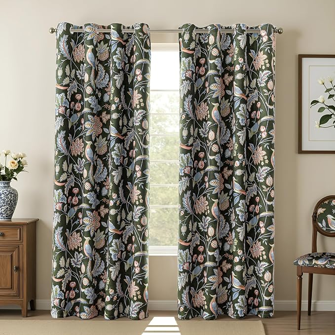 MYSKY HOME Green Boho Floral Blackout Living Room Curtains 84 inch Long Thermal Insulated Room Darkening Noise Reduce Cottage Curtains with Flower Bird Patterned Grommet Drapes, 2 Pcs, 52" Wide,