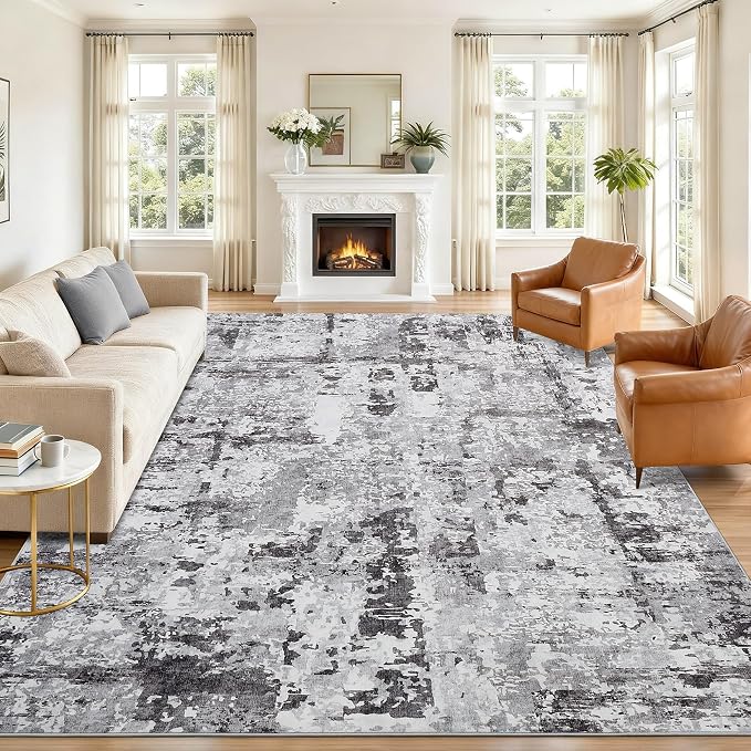 GarveeHome 8x10 Abstract Area Rugs Grey Washable Living Room Bedroom Rug | Soft Low Pile Non Slip Accent Rug for Living Room, Bedroom, Dining Room, Modern Indoor Carpet