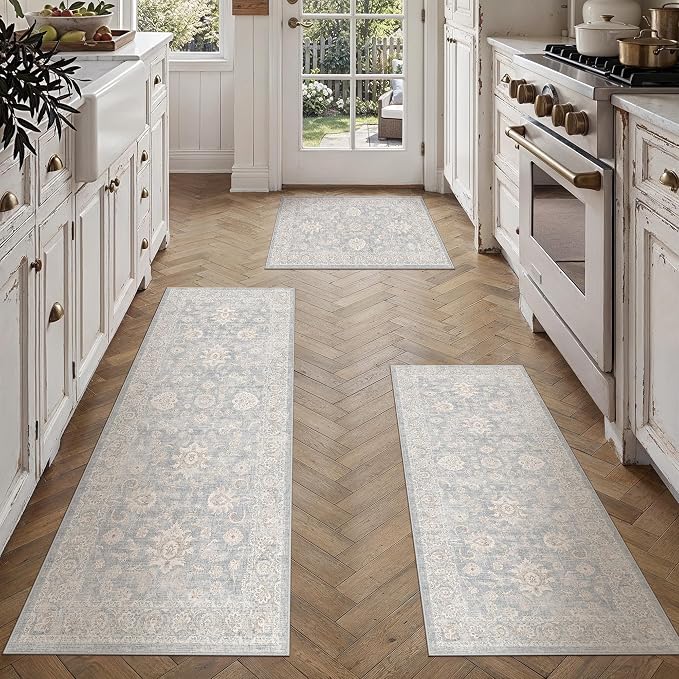 3 Piece Blue Cream Washable Kitchen Rug Set Neutral Floral Soft Non Slip Runner Mats Low Pile Distressed Area Rugs for Floor Sink Laundry Hallway Bathroom, 2x3 + 2x4 + 2x5