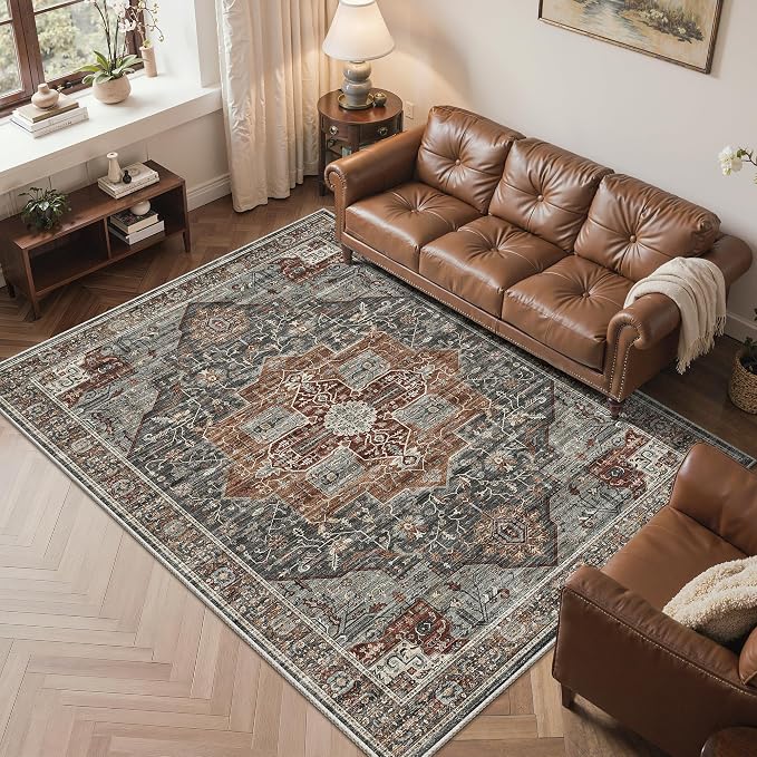 Roxstand 6x9 Washable Area Rug, Non Slip Living Room Rug Grey/Brown/Tan | Low Pile Vintage Rug, Stain Resistant, Non-Shedding Design, Pet & Kid Friendly, Carpet for Bedroom, Dining Room Office