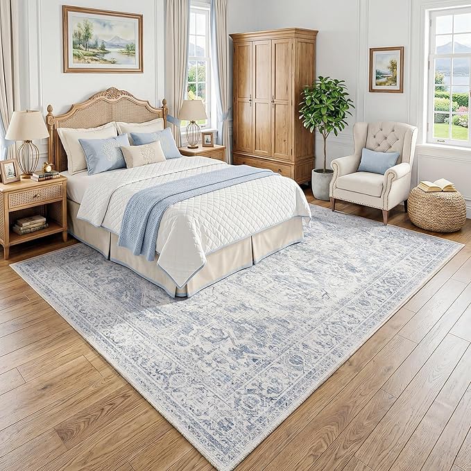 FMFUNCTEX 6x9 Washable Area Rug Blue Neutral Vintage Distressed Oriental Large Non Slip Carpet for Living Room Bedroom Soft Low Pile Indoor Mat Retro Throw Rug for Dining Room Kitchen Office Nursery