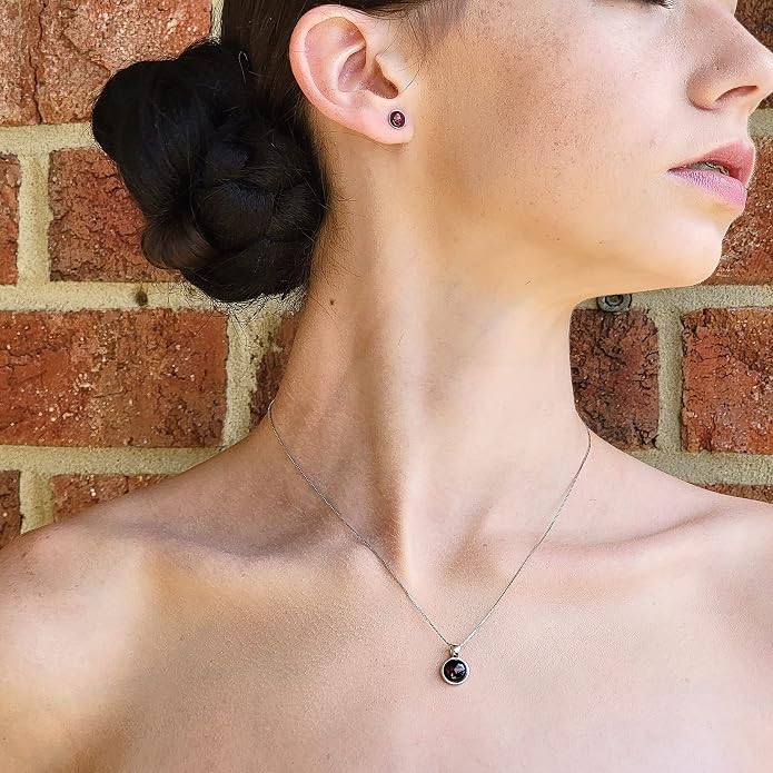 Natural gemstone 8mm round pendant with white gold over 925 sterling silver bezel cabochon plate and box chain, real genuine dainty birthstone gift for her, uniquelan jewelry