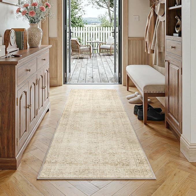 Fmfunctex 2x5 Washable Runner Rug Beige Neutral Vintage Distressed Oriental Traditional Non Slip Low Pile Indoor Carpet Retro Hallway Entryway Rug for Kitchen Living Room Bedroom Laundry Entry Bedside