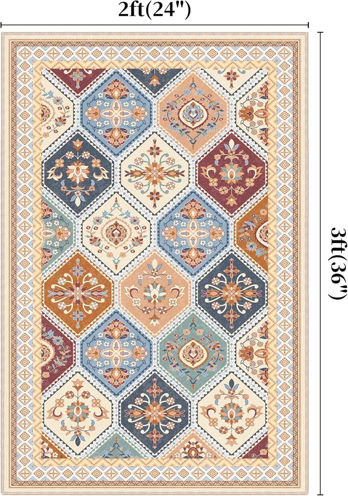 2x3 Washable Entryway Rugs, Soft Non-Slip Boho Moroccan Rug, Low-Pile Printed Indoor Throw Rugs for Entrance, Kitchen, Bedroom Bedside- Multi | Soft Low-Pile Printed Indoor Throw Rugs for Entrance, Kitchen, Bedroom Bedside