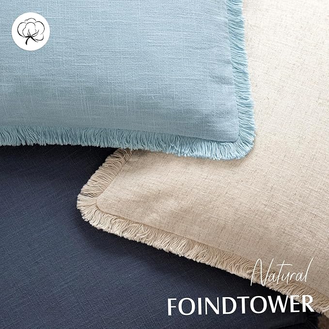 Foindtower Set of 2 Decorative Linen Fringe Throw Pillow Covers Cozy Boho Farmhouse Cushion Cover with Tassels Soft Accent Pillowcase for Couch Sofa Bed Living Room Home Decor,20×20 Inch,Light Blue