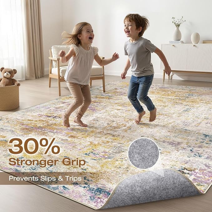 8x10 Area Rugs Living Room: Washable Large Neutral Rug Abstract Soft Modern Stain Resistant Indoor Floor Non-Slip Carpet for Bedroom Nursery Kids Classroom Playroom Dining Room- Gold Multi