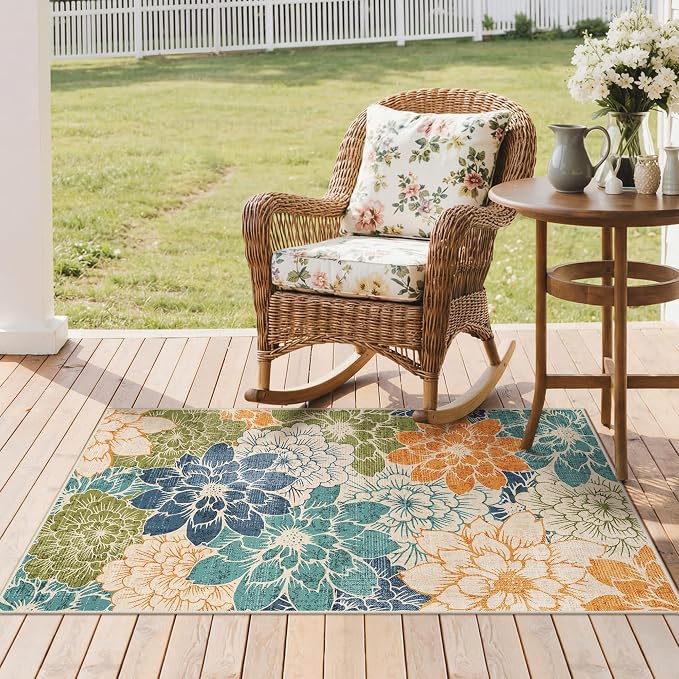 GENIMO 3x5 Outdoor Rug, Washable for Porch and Balcony, Teal Blue | Floral design for entryway; fade resistant chenille with quick-dry non-slip backing for indoor mudroom