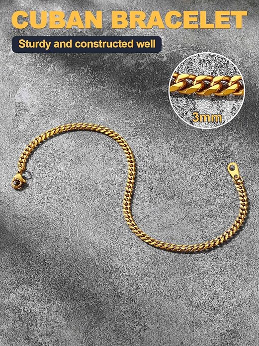 U7 Link Bracelets for Men, Cuban Link/Rope/Watch Band Solid Bracelet, Silver Black Gold Color Wrist Bracelet 3/6/9/12/15mm Width, 6.5/7.5/8.3 Inch Length, Hand Chain Jewelry for Mens Women
