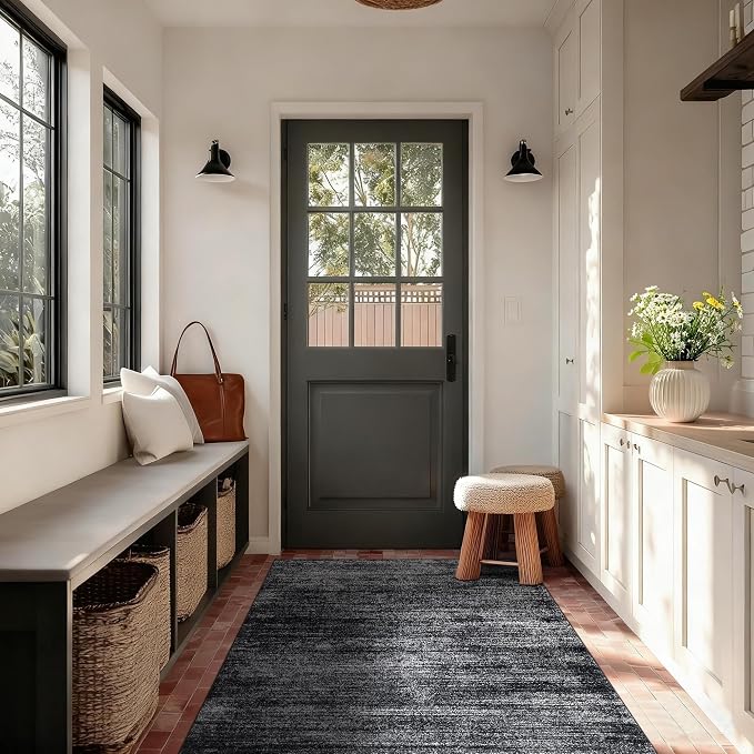 Black Bathroom Rug 3x5 Boho Abstract Low Pile Washable Carpet for Kitchen | Minimalist Neutral Modern, Small Soft Area Rugs with Non Slip, for Bedside Indoor Entryway, Floor Covering, Rubber Backing