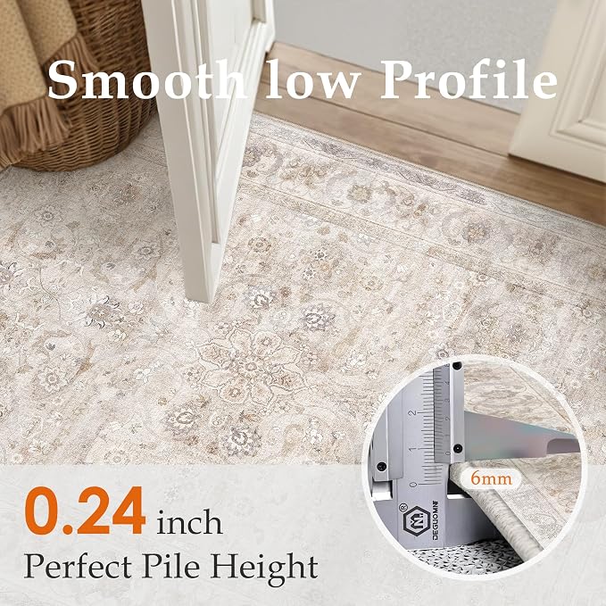 PureCozy 3x5 Area Rug Entryway Beige Washable Vintage Carpet Office Small Indoor Non Slip Soft Low Pile Thin Stain Resistant Distressed Accent Throw Rug for Entrance Bedroom Dining Living Room