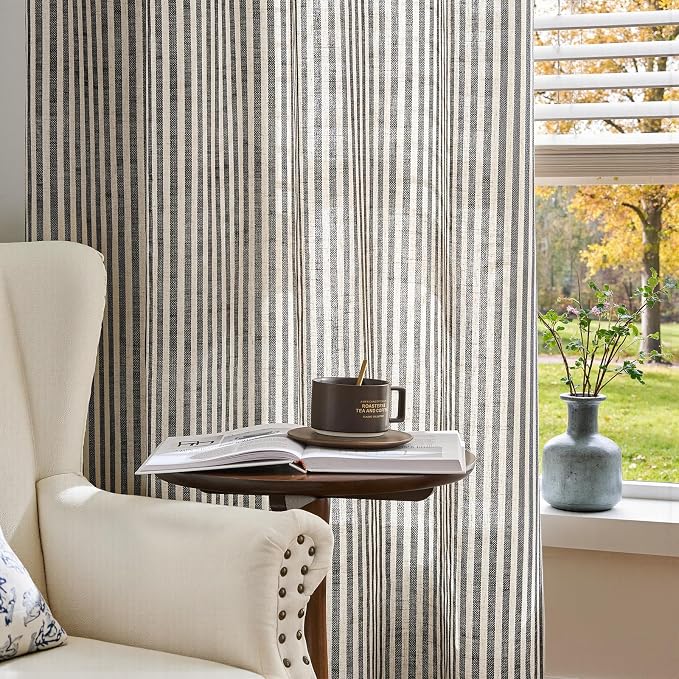 jinchan Linen Curtains 96 inch Black Stripe on Beige Grommet 2 Panels | Curtains for Living Room Bedroom,Ticking Stripe Pattern,Pinstripe Farmhouse Rustic,Window Treatment,Light Filtering