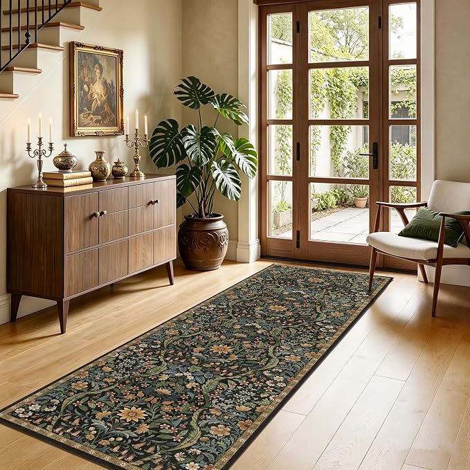 2x6 Washable Runner Rug,Black Brown Floral Boho Area Rug for Hallway,Low-Pile Non-Slip Stain Resistant Carpet for Kitchen, Bedside,Laundry Room,Entryway