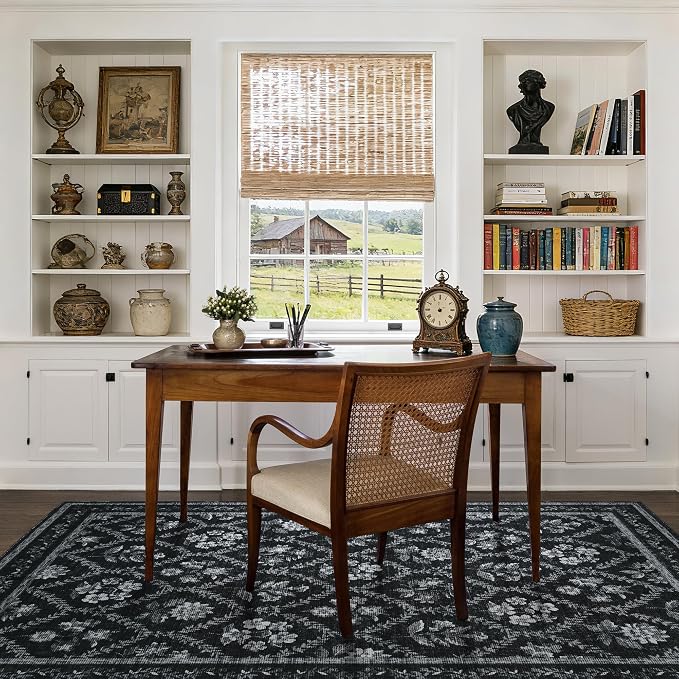 3x5 Black and White Floral Area Rug Ultra Soft Washable Modern Farmhouse Floral Entryway Rug Non-Slip Black Grey and White Vintage Boho Carpet for Dorms, Bedroom, Office, Dining Room Door Mat