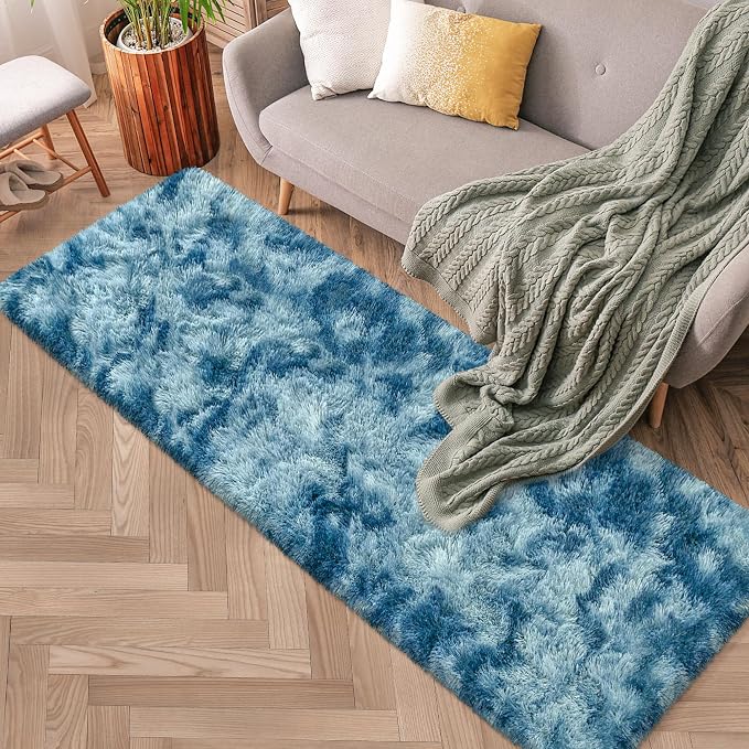 2x6 ft Soft Blue Runner Rugs for Bedroom Living Room Blue Fluffy Rug Plush Shag Carpet Non Slip Washable for Nursery Dorm Fuzzy Bedside Rug Runner for Kids Girls Room Home Decor