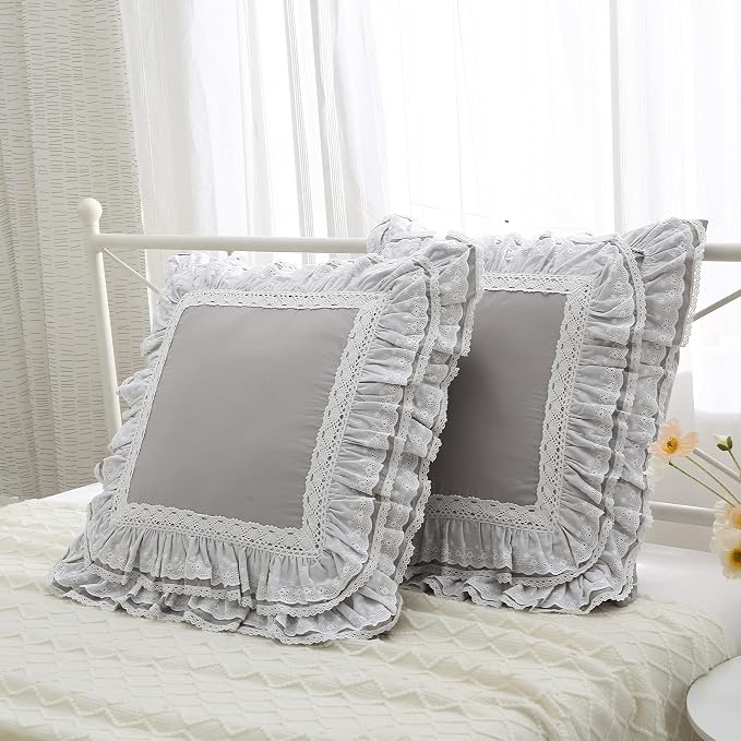 Light Gray Lace Euro Shams Luxury Throw Pillow Covers Cushion Cases with Ruffles Cotton 26"X26" Zipper Closure Elegant 2-Pack